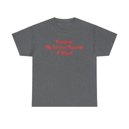 Sleek My Second Favorite F Word Graphic T-Shirt in heather grey cotton adorned with bold red text, perfect for fashion-forward comfort.