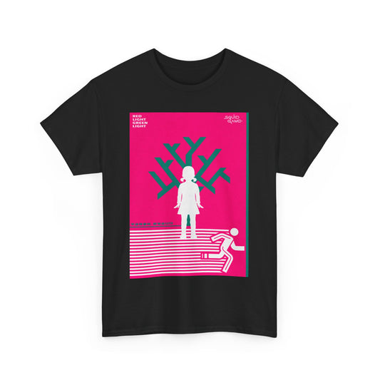 Elegant black t-shirt with a premium Squid Game graphic print. The design presents the captivating 'Red Light Green Light' theme, highlighting the playful yet thrilling elements of the series. Perfect for fashion enthusiasts seeking a unique statement piece that combines comfort with high-end style.