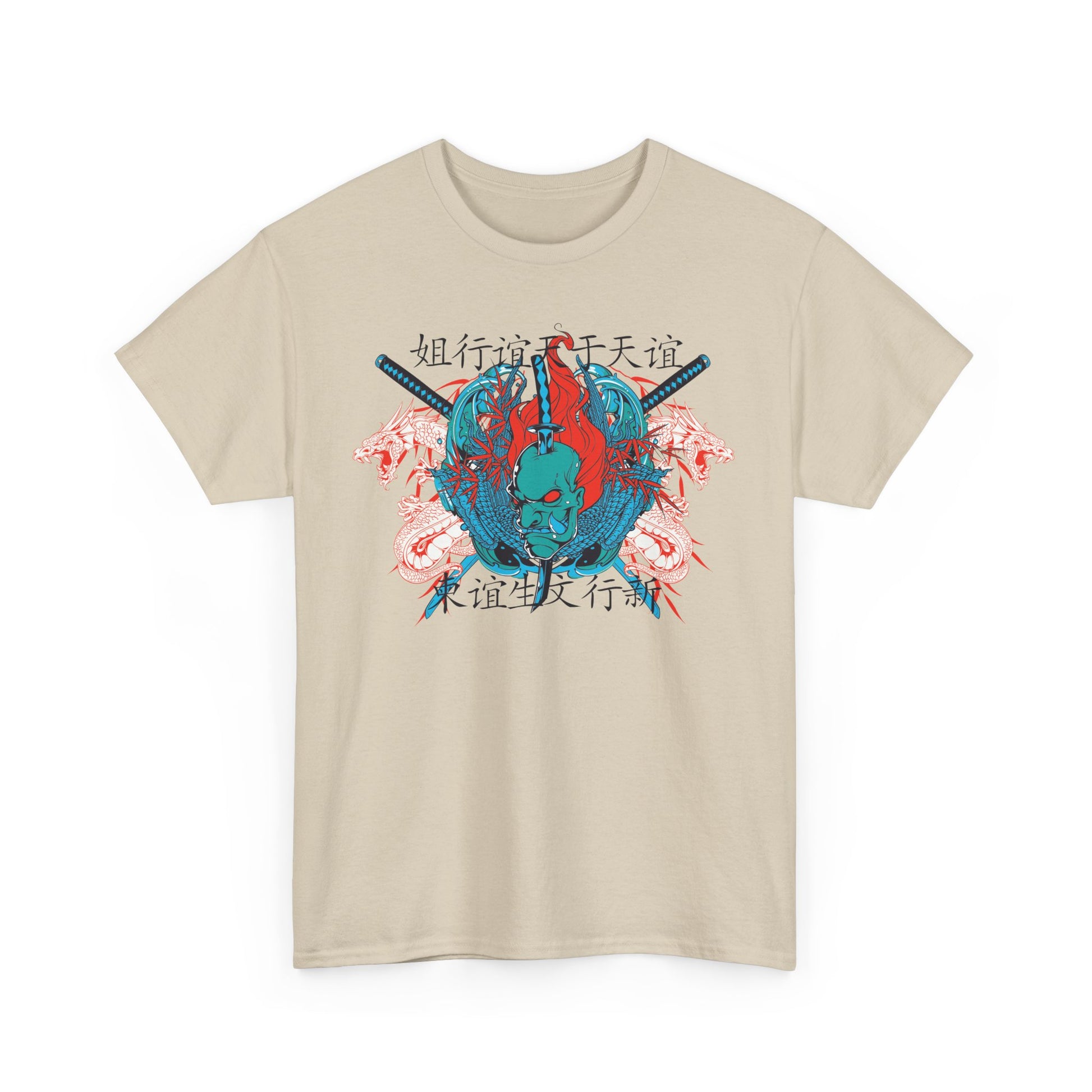Striking front view of a men's t-shirt featuring a fierce oni warrior graphic, complemented by traditional Japanese dragons and katanas, capturing a bold artistic flair.
