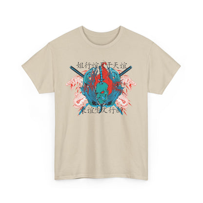 Striking front view of a men's t-shirt featuring a fierce oni warrior graphic, complemented by traditional Japanese dragons and katanas, capturing a bold artistic flair.