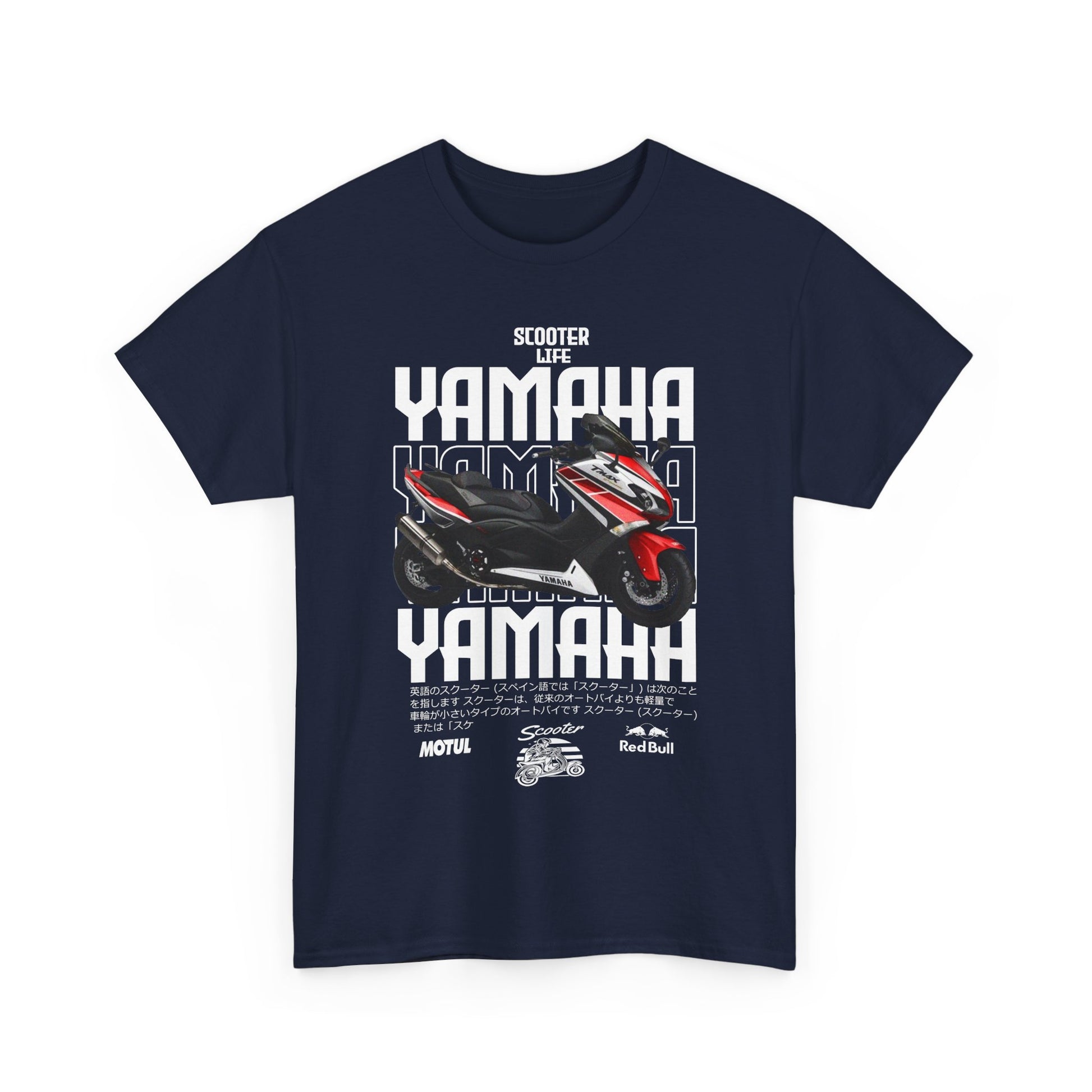 Yamaha Scooter Life Men's T-Shirt in navy, featuring bold graphics with a scooter image and striking Yamaha branding, symbolising speed and adventure.