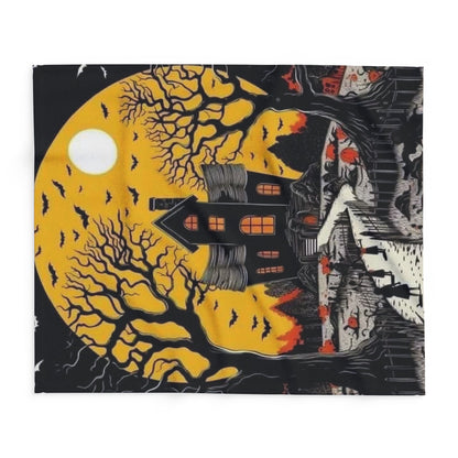 Decorative and Warm Halloween Spooky Arctic Fleece Blanket featuring a haunting landscape with a full moon, an eerie house, and leafless trees, perfect for adding a luxurious touch to Halloween decor.