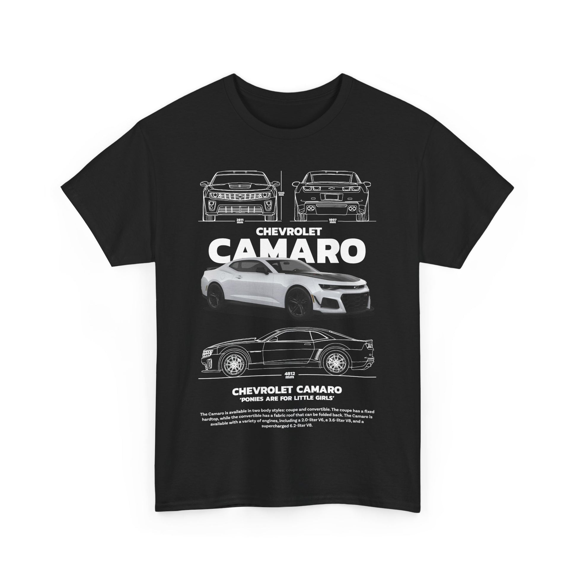 Men's Camaro Technical Drawing T-Shirt showcasing a bold Chevrolet Camaro design in black, featuring detailed illustrations and the phrase 'PONIES ARE FOR LITTLE GIRLS' for added personality.
