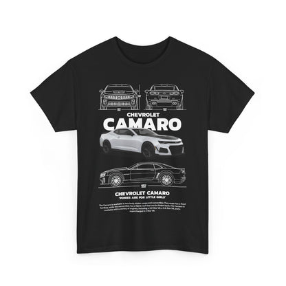 Men's Camaro Technical Drawing T-Shirt showcasing a bold Chevrolet Camaro design in black, featuring detailed illustrations and the phrase 'PONIES ARE FOR LITTLE GIRLS' for added personality.