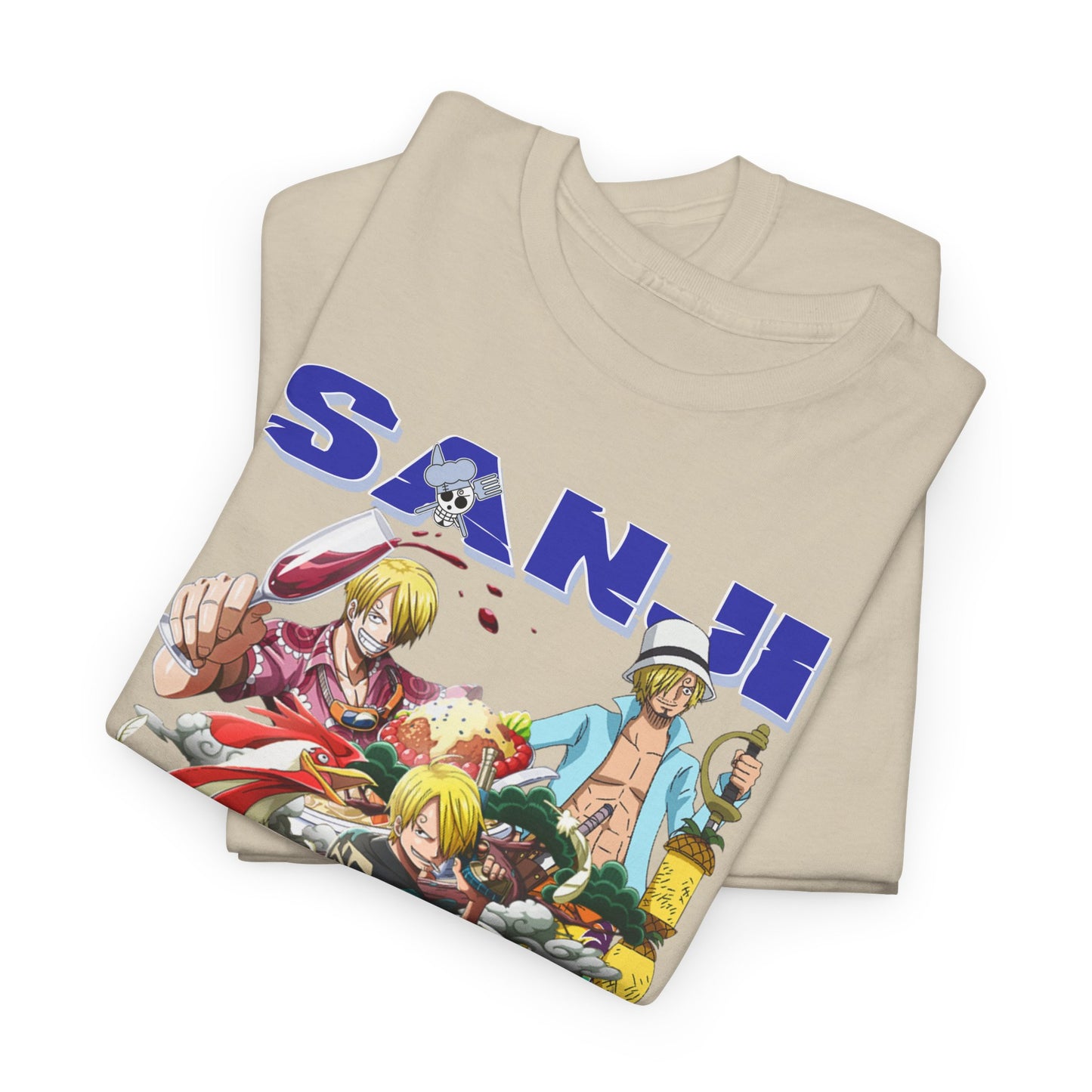 Tastefully folded beige t-shirt displaying the Sanji graphic, symbolising quality craftsmanship and the perfect blend of comfort and style.