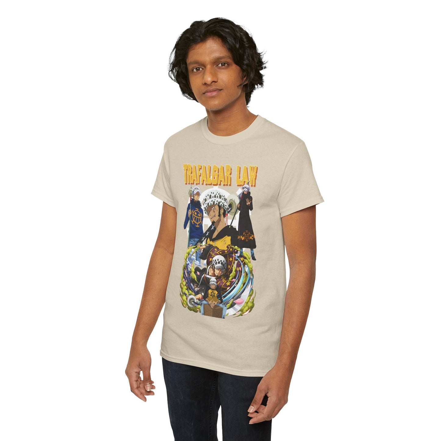 Another male model displaying the trendy One Piece Trafalgar Law men's T-shirt, highlighting its chic design and comfortable fit ideal for urban adventures.