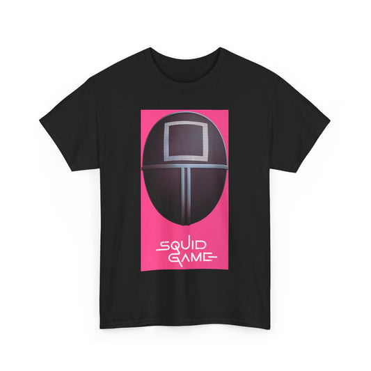 Squid Game Unisex Men´s Women´s Graphic Cotton Funny T Shirt Tee showcasing a bold graphic motif of a mysterious character against a vibrant pink, perfect for fashion-forward individuals.