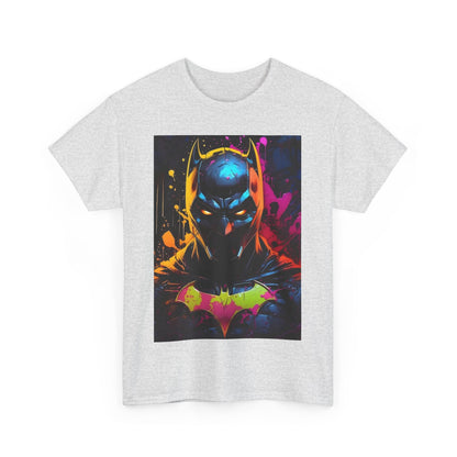 Front view of the vibrant Batman Graphitti graphic unisex tee shirt, featuring a stunning illustration of Batman with a bold colour palette of yellow, pink, and orange.