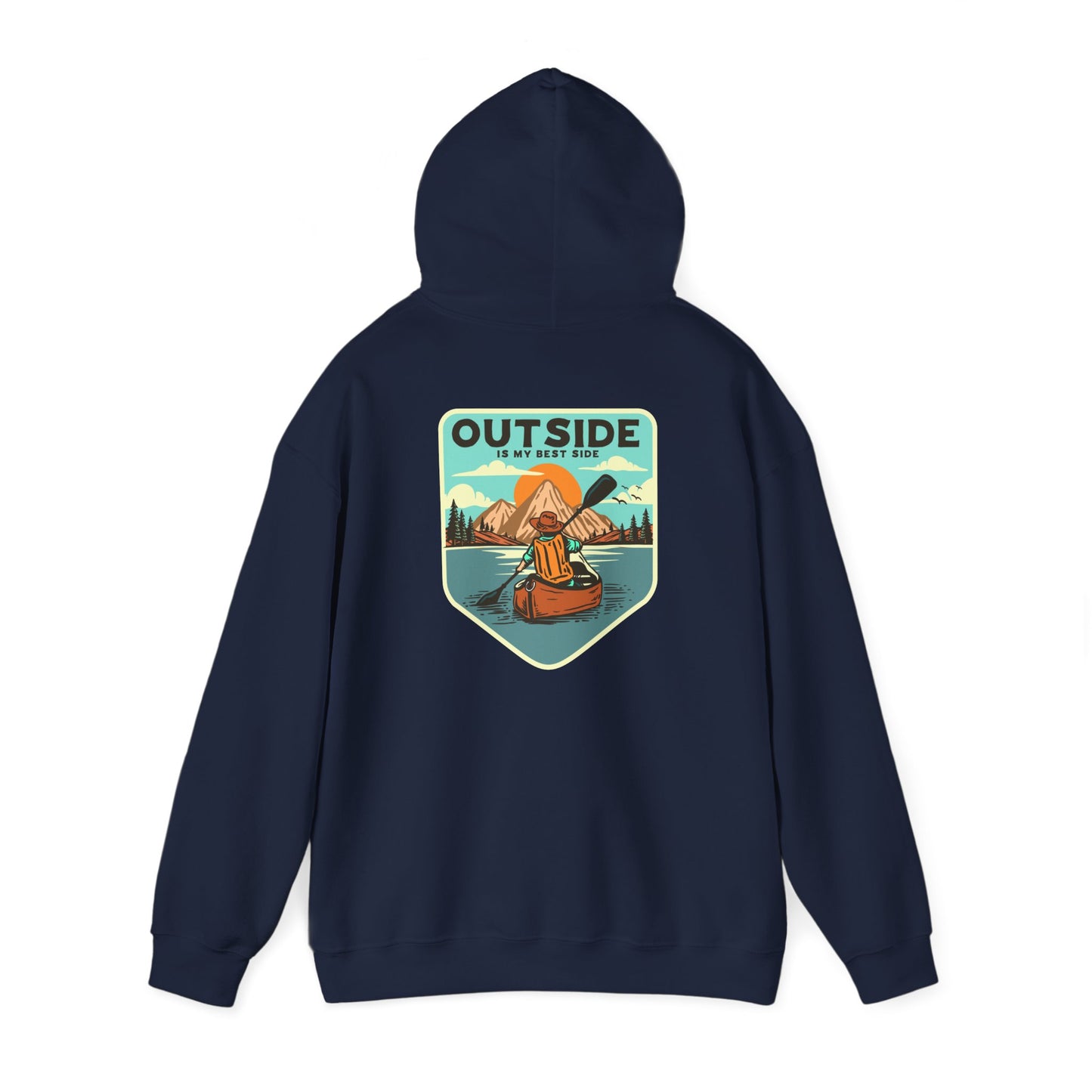 Sophisticated navy hoodie with a unique design illustrating a kayaker paddling peacefully on a lake, accompanied by the phrase 'OUTSIDE IS MY BEST SIDE', ideal for outdoor enthusiasts.