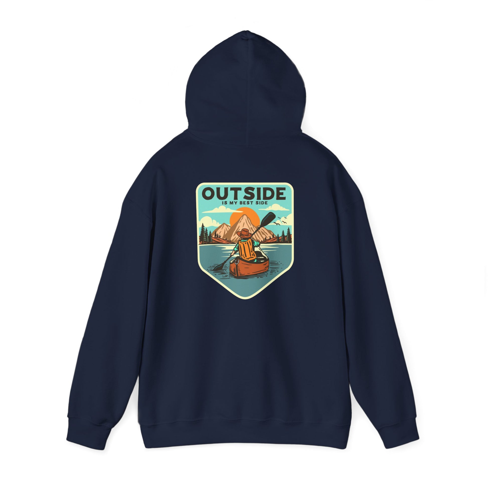 Sophisticated navy hoodie with a unique design illustrating a kayaker paddling peacefully on a lake, accompanied by the phrase 'OUTSIDE IS MY BEST SIDE', ideal for outdoor enthusiasts.