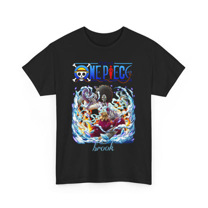 Premium black men's t-shirt showcasing a gorgeous print of Brook from One Piece, with an artistic flair of water and fire, perfect for anime enthusiasts.