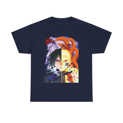 Luxury navy anime-inspired T-shirt featuring Sasuke Uchiha and Naruto Uzumaki in a dramatic split-screen design, showcasing vibrant action and iconic rivalry.