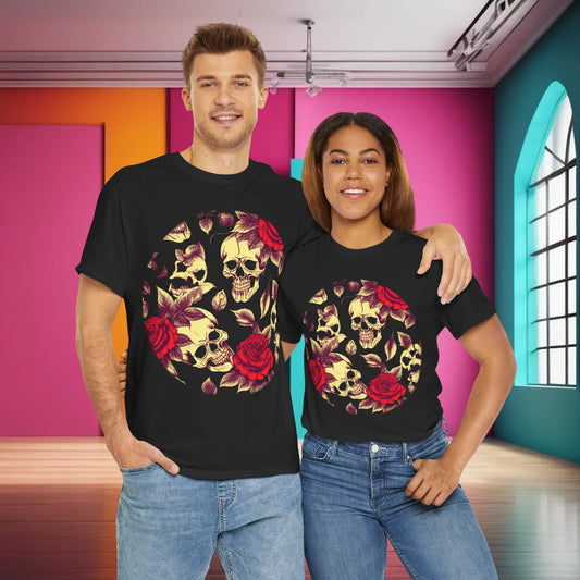 Skulls and Roses Cotton Tee, Unisex Graphic Shirt - modelled by male and female, showcasing intricate skull and rose design in a vibrant setting.