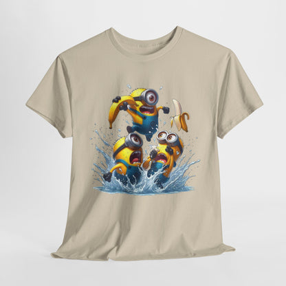 A close-up of the Mens Funny T-Shirt: Minions Banana Splash - Yellow Despicable Me tee laid flat, displaying the lively Minion characters splashing in water, great for fans seeking a humorous touch.