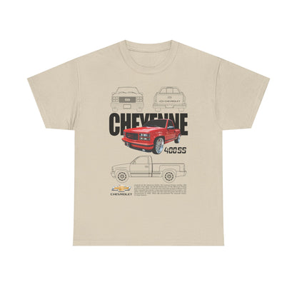 Refined beige Chevrolet Cheyenne T-shirt displaying a vibrant graphic of the esteemed red pickup truck alongside 'CHEYENNE 400SS' lettering, perfect for sophisticated automotive fashion.