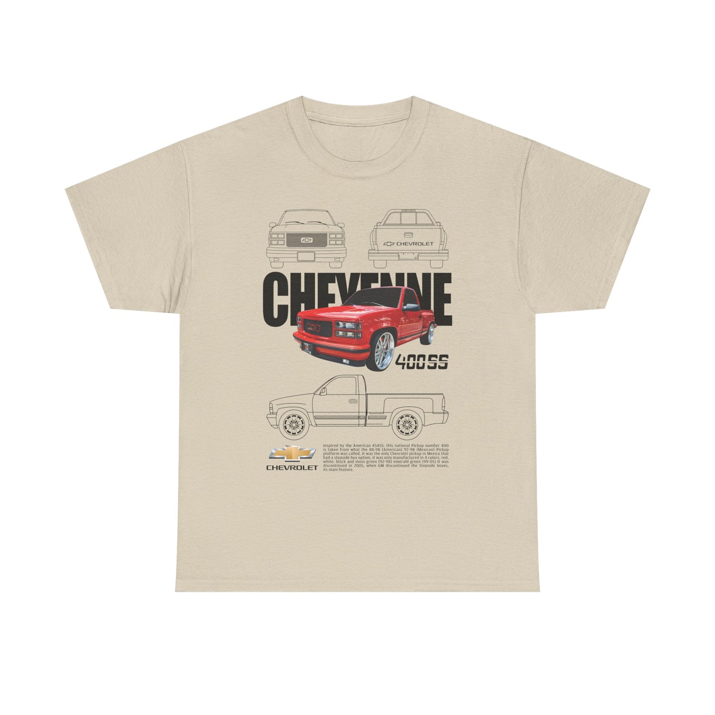 Sophisticated beige Chevrolet Cheyenne men's t-shirt with a captivating graphic depicting the 400SS pickup truck, highlighting classic line drawings and bold branding that pays homage to automotive excellence.