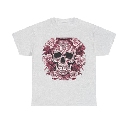 Chic Skulls and Roses Cotton Tee in light grey featuring a stunning skull illustration framed by roses, perfect for making a stylish statement.