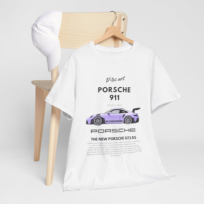 Sophisticated white T-shirt with the V-tec art design of the Porsche 911 GT3 RS, paired with a white cap on a stylish chair, embodying luxury and passion for cars.