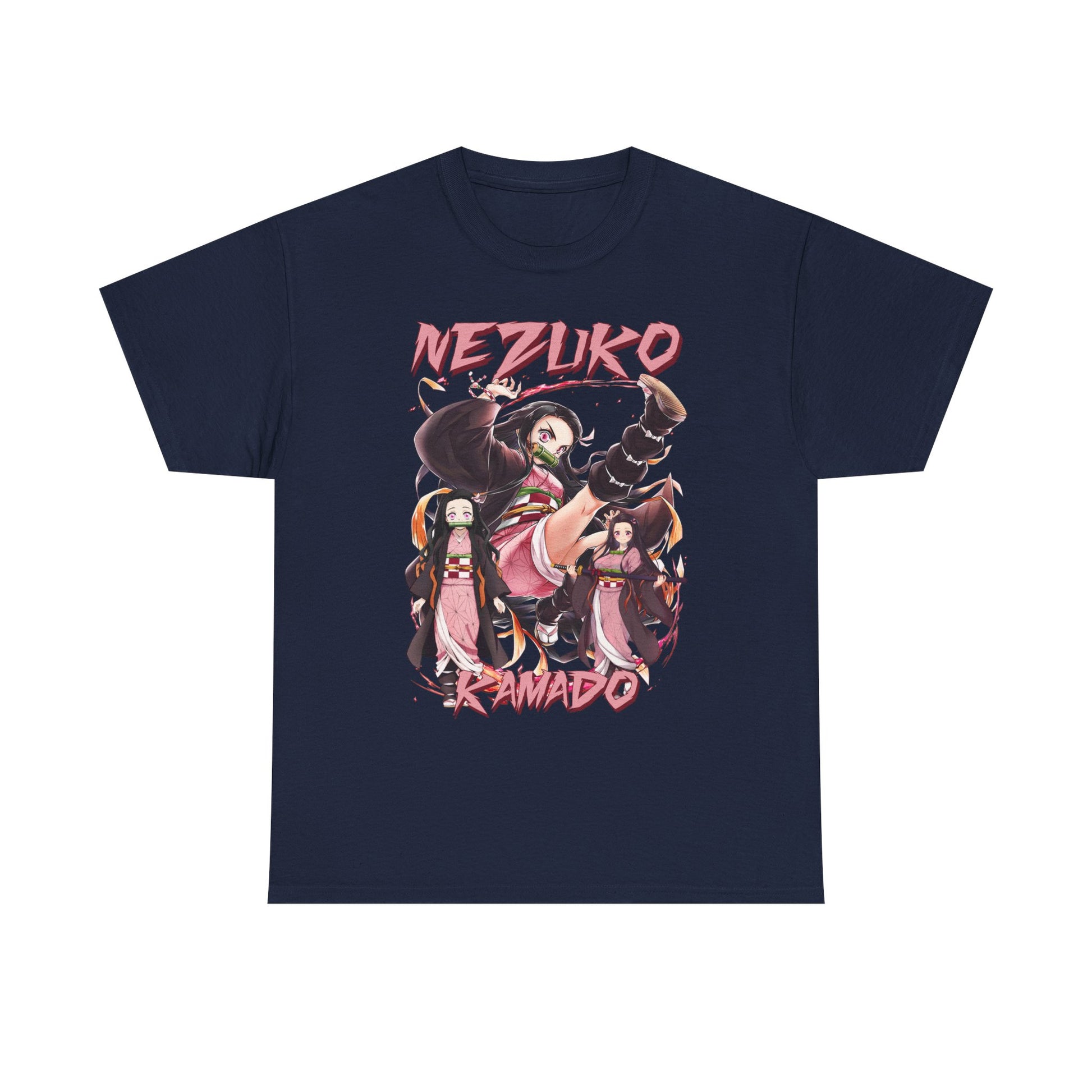 Exclusive Nezuko Kamado T-shirt featuring vibrant anime art on a stylish navy background, perfect for true Demon Slayer fans.