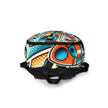Lifestyle image of an individual carrying the Luxury Pop Art Backpack by Dazzling Dreams Studio in an urban setting, highlighting its stylish appeal.