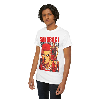 Stylish young man modelling a luxury white t-shirt adorned with a vibrant graphic of Sakuragi from Slam Dunk, representing a trendy fusion of anime and basketball fashion.