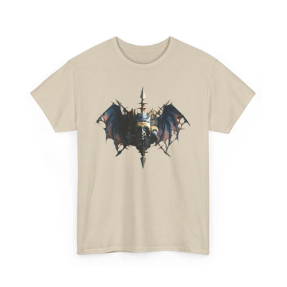 Elegantly crafted beige unisex t-shirt adorned with a dramatic graphic of a warlord with bat wings and a trident, merging comfort with striking visuals for casual wear.