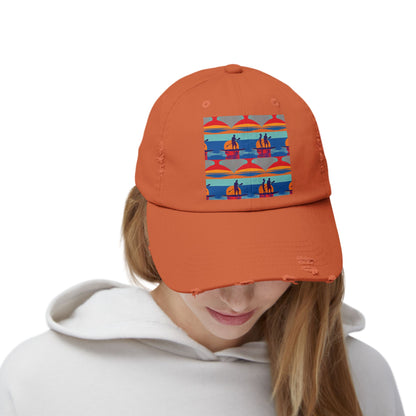 Close-up of a fashionable orange Unisex Distressed Cap with a paddleboarding design, perfect for adventurous water lovers.