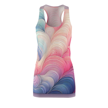Valentina D'Ambrosio New Age Artwork Dress featuring pastel racerback style, showcasing elegant gradated colours of pastel pink, purple, and blue.