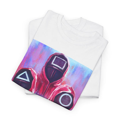 Sleek Squid Game-inspired t-shirt folded elegantly, showcasing the imaginative artwork of popular masked characters, designed for discerning fashion aficionados.
