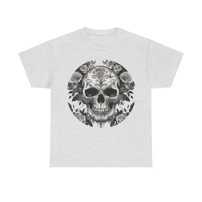 Skulls and Roses Cotton Tee in light grey, with a stunning skull design integrated with elegant roses, offering a lavish statement for alternative fashion enthusiasts.