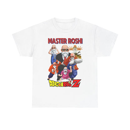 Elegant white Dragon Ball Z Master Roshi men's t-shirt showcasing a striking graphic of Master Roshi in various dynamic poses, ideal for stylish anime apparel.