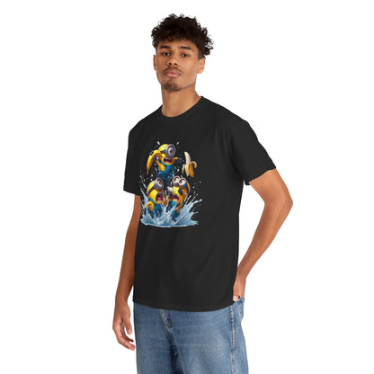 Model wearing Men's Funny T-Shirt: Minions Banana Splash featuring playful Minions splashing in water, ideal for a fun outing. T Shirt, Funny, Minions.