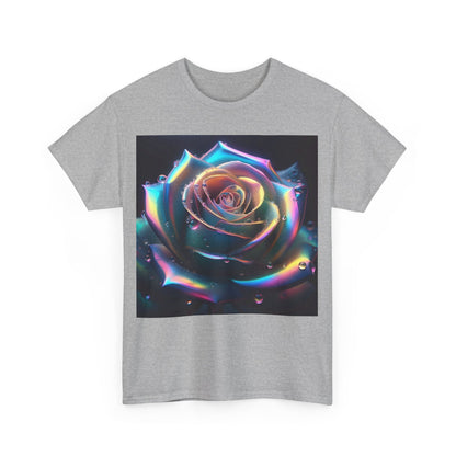 The Ethereal Rose Tee Unisex Cotton Graphic T-Shirt featuring a stunning front view of a radiant rose with droplets, embodying a captivating blend of artistry and comfort.