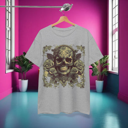 Front view of the Skulls and Roses Cotton Tee featuring a striking steampunk-inspired skull and floral design, ideal for making a bold fashion statement.