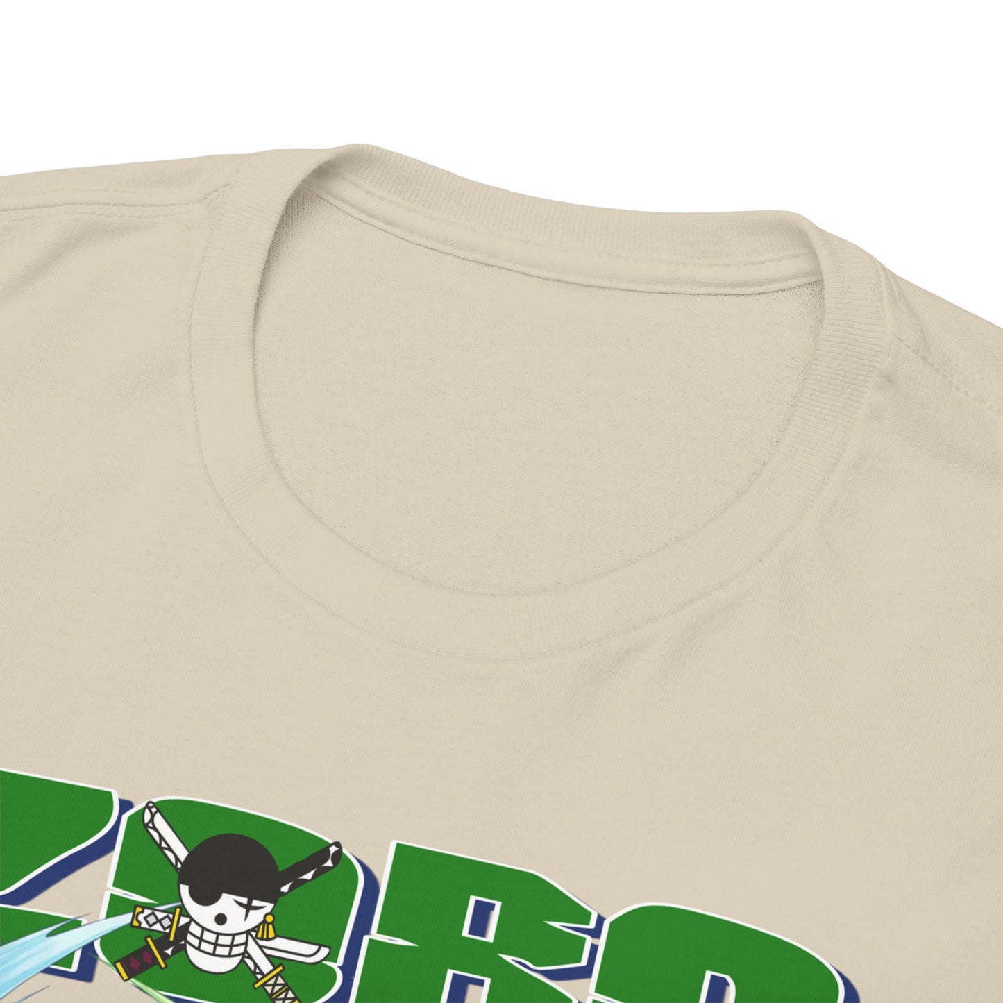 Close-up of the neckline of a sophisticated One Piece t-shirt, highlighting the exquisite fabric and detailing of the bold Zoro graphic.