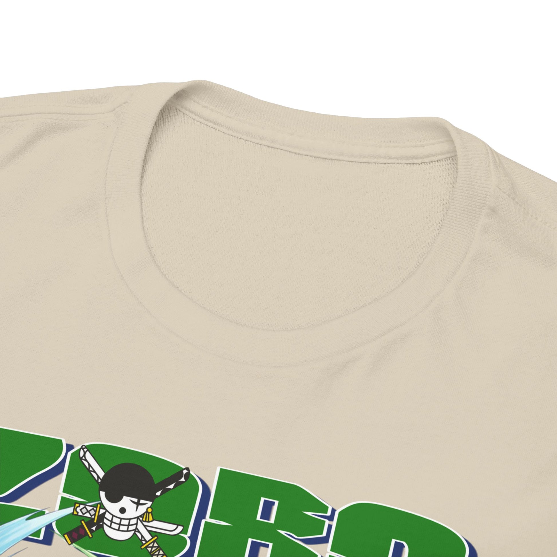 Close-up of the neckline of a sophisticated One Piece t-shirt, highlighting the exquisite fabric and detailing of the bold Zoro graphic.