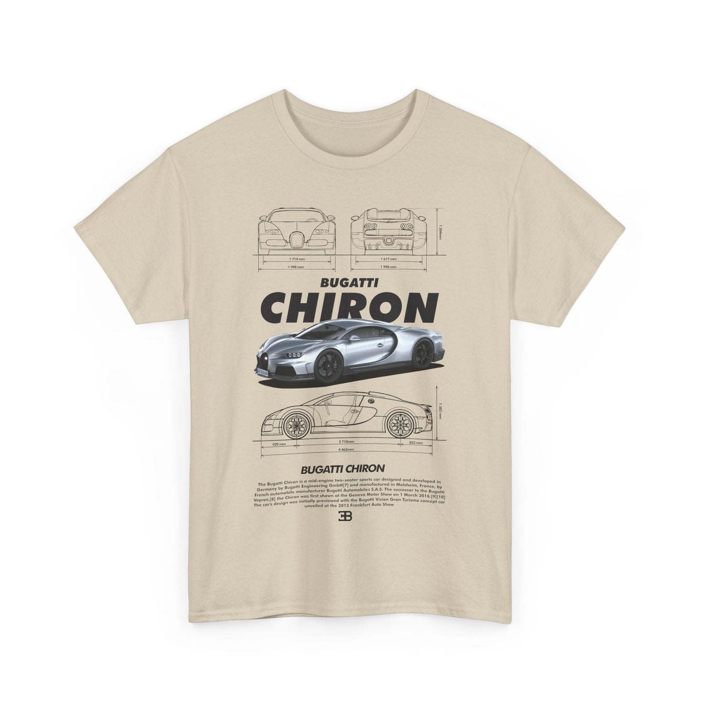 Front view of a stylish beige Bugatti Chiron men's t-shirt, featuring an artistic representation of the Bugatti Chiron and technical outlines, ideal for car lovers.
