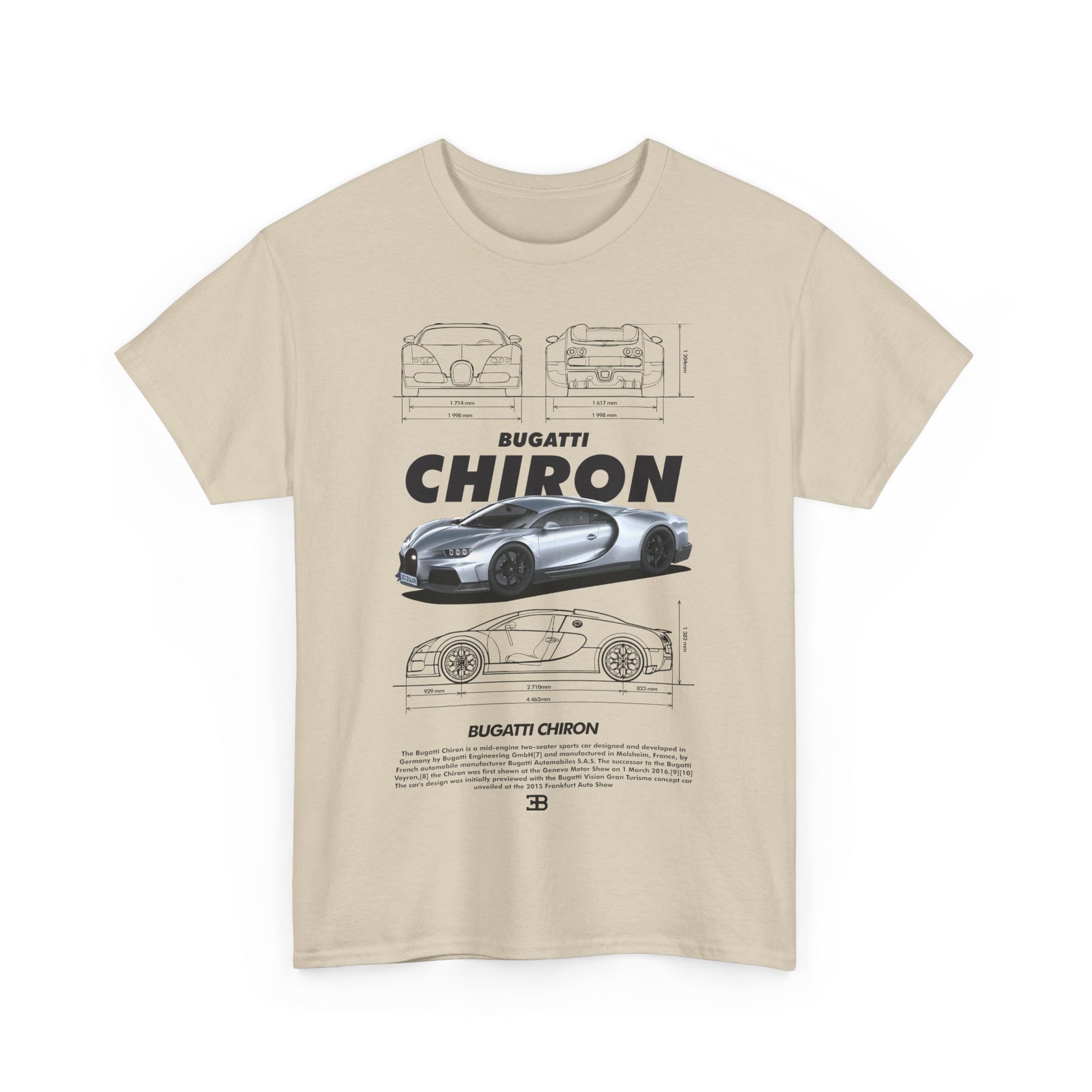 Front view of a stylish beige Bugatti Chiron men's t-shirt, featuring an artistic representation of the Bugatti Chiron and technical outlines, ideal for car lovers.