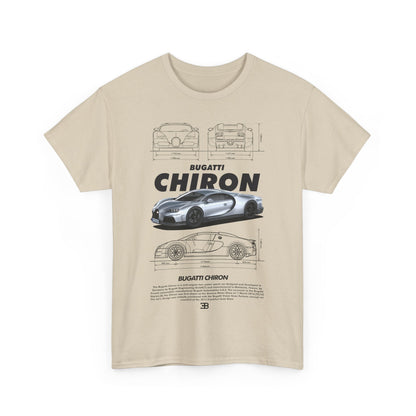 Front view of a stylish beige Bugatti Chiron men's t-shirt, featuring an artistic representation of the Bugatti Chiron and technical outlines, ideal for car lovers.