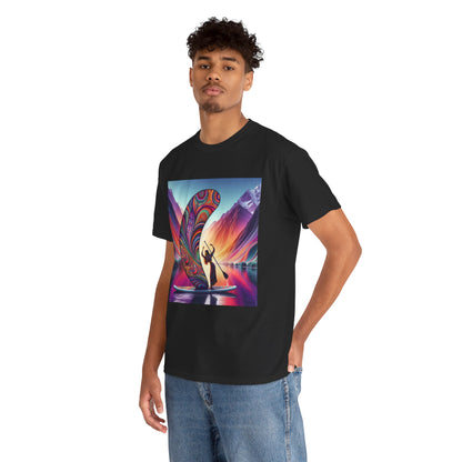 Luxury Paddleboard Adventure T-Shirt showcasing a vibrant design, featuring a paddleboarder against a stunning sunset backdrop, perfect for embracing nature's serenity and watersport passion.