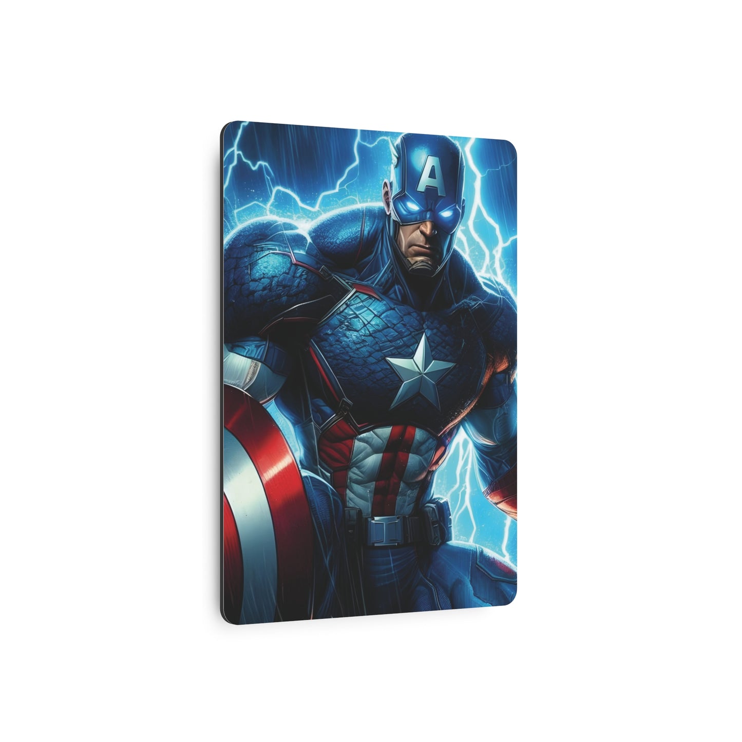 Marvel Captain America Metal Art Poster featuring a dynamic image of Captain America in a striking pose with blue lightning in the background. This premium aluminium wall decor brings a touch of heroic artistry to any interior space, making it a perfect statement piece for fans.