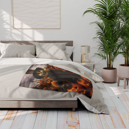 Decorative and Warm Halloween Spooky Arctic Fleece Blanket elegantly displayed on a bed, featuring captivating Halloween graphics against a soft neutral backdrop, perfect for sophisticated seasonal decor.