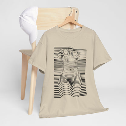 Artfully displayed beige optical illusion t-shirt draped over a chair alongside a classic white cap, merging comfort and avant-garde style in one captivating ensemble.