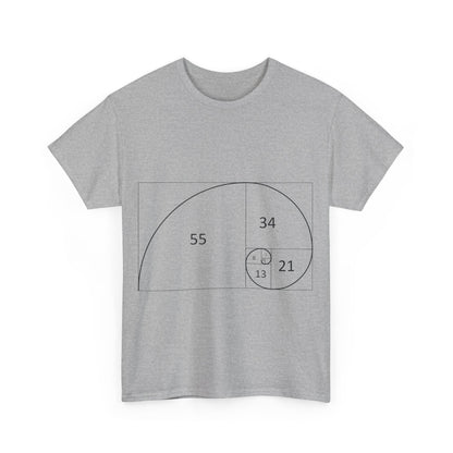 Fibonacci Spiral Space Tee - front view featuring a sophisticated Fibonacci spiral graphic on a grey background, ideal for those with a passion for mathematics and art.