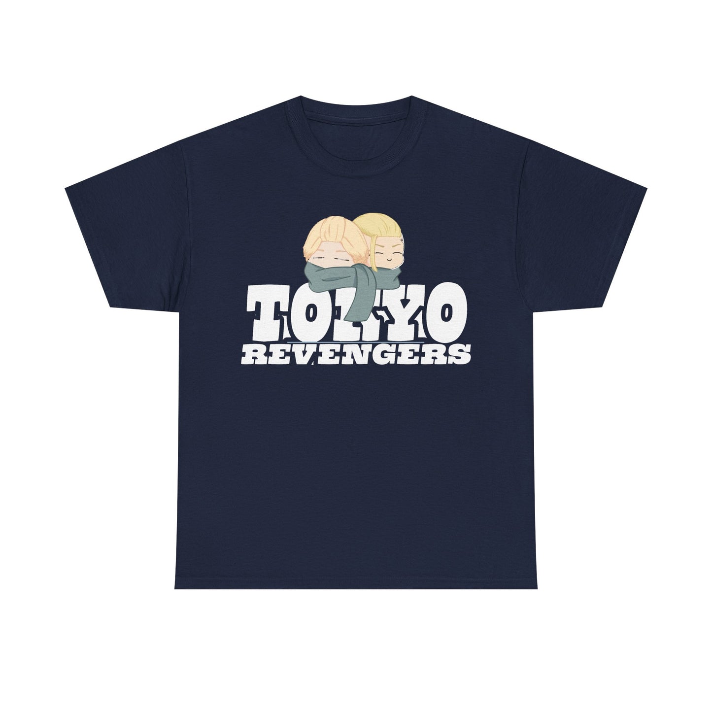 Sophisticated Tokyo Revengers graphic tee in navy, featuring two anime characters with scarves, embodying a stylish blend of comfort and fandom.