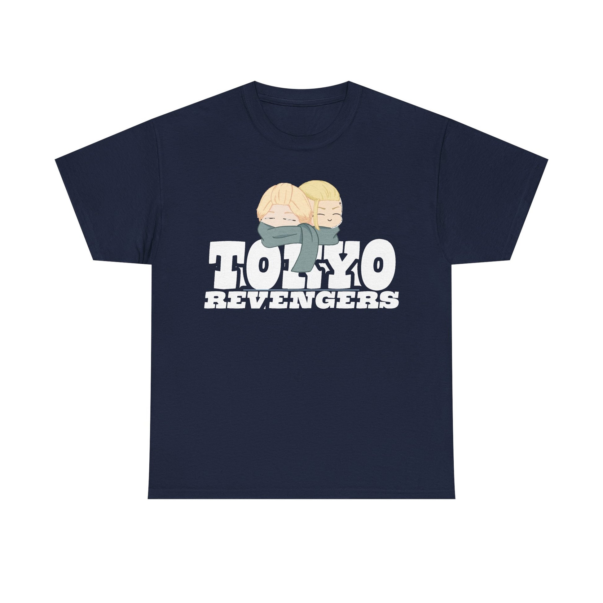 Sophisticated Tokyo Revengers graphic tee in navy, featuring two anime characters with scarves, embodying a stylish blend of comfort and fandom.