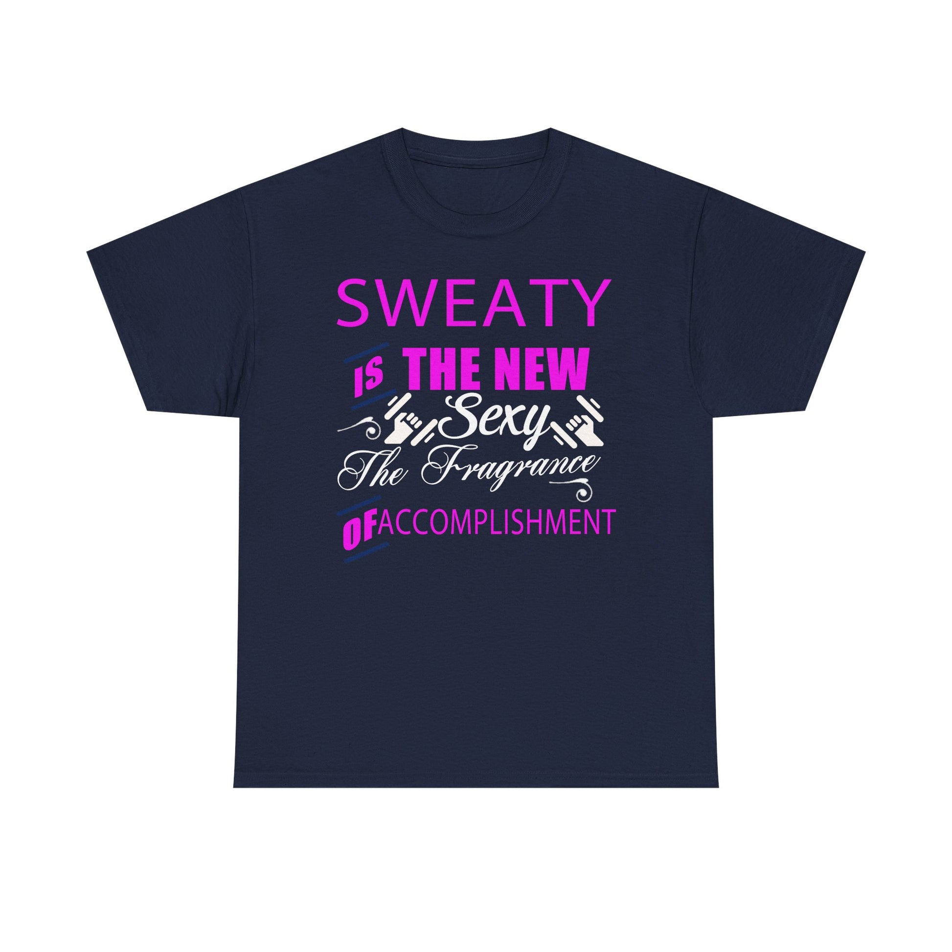 Elegant navy blue t-shirt displaying the motivational quote 'SWEATY IS THE NEW SEXY' in eye-catching pink and refined black typography, perfect for the modern fitness enthusiast.