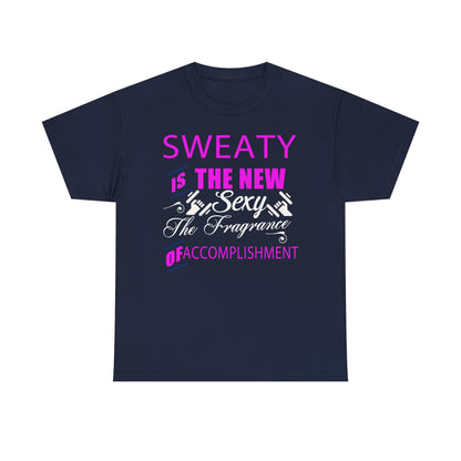 Elegant navy blue t-shirt displaying the motivational quote 'SWEATY IS THE NEW SEXY' in eye-catching pink and refined black typography, perfect for the modern fitness enthusiast.