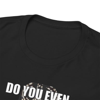 Close-up of the soft black cotton fabric of a Darth Vader Star Wars unisex mens graphic funny t-shirt, showcasing the prominent text 'Do You Even Have a Theme Song?' designed for stylish sci-fi enthusiasts.