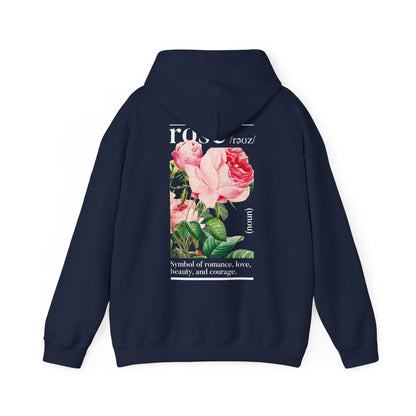 Elegant navy hoodie featuring a stunning back print of botanical roses, highlighting pink petals and rich green leaves. A sophisticated addition to any fashion-forward wardrobe.